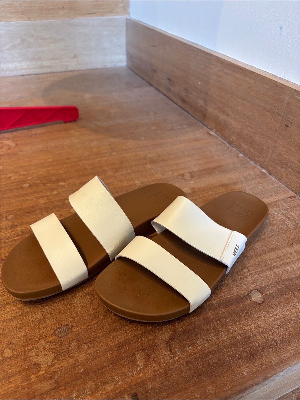 Reef Women's Two-Stripe Slide Sandals in Cream and Brown